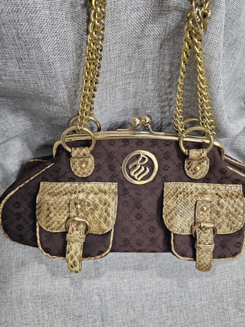 Vintage Y2K Rocawear Brown Shoulder Bag with Gold Snake-Texture Accents